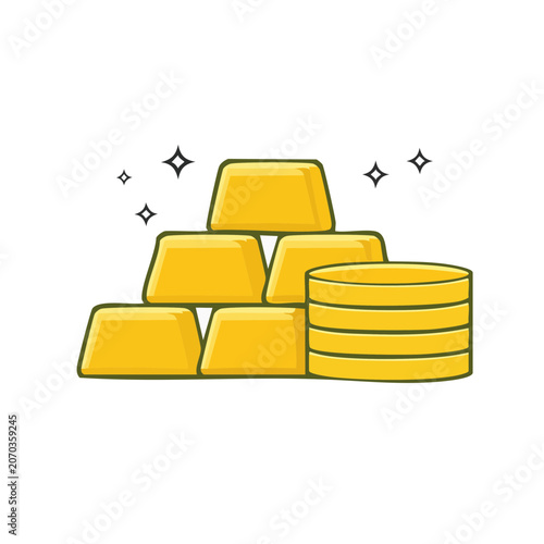 Flat illustration of gold bars and coins with sparkles