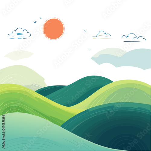 Flat vector illustration of rolling hills and sunset sky