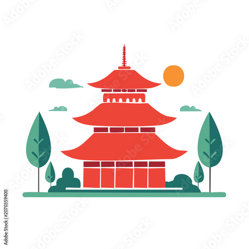 Red pagoda with trees and sun flat vector illustration