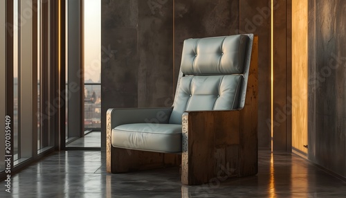 Modern industrial tufted armchair in luxury penthouse with city sunset view
