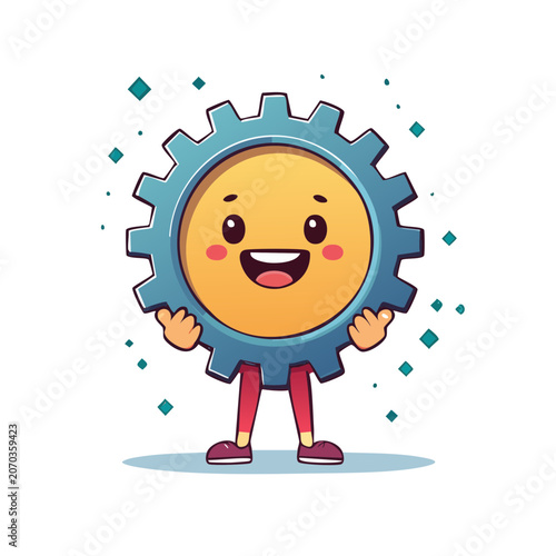 Smiling cartoon gear character with arms and legs