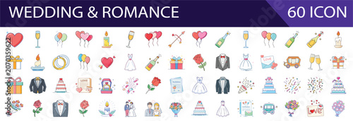 Collection of Sixty Flat Design Wedding and Romance Icons on White Background