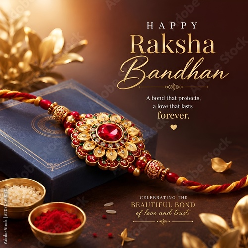 Happy raksha bandhan elegant greeting image with gold embellished rakhi