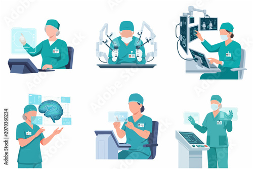 Modern medical technology set featuring surgeons using robotic arms and holographic interfaces for advanced healthcare procedures