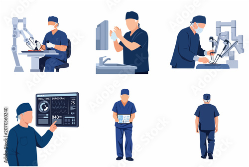 Robotic Surgery and Modern Healthcare Set with Surgeons Using High-Tech Medical Equipment