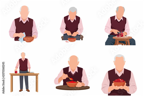 Vector illustration set of an elderly man preparing and eating fresh pomegranate seeds in different poses