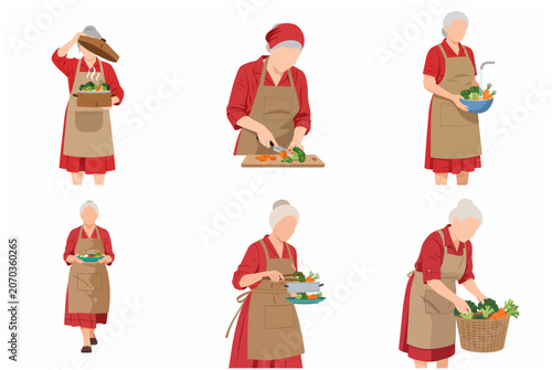 Set of senior woman cooking healthy vegetables and preparing fresh food, grandmother character in apron vector illustration