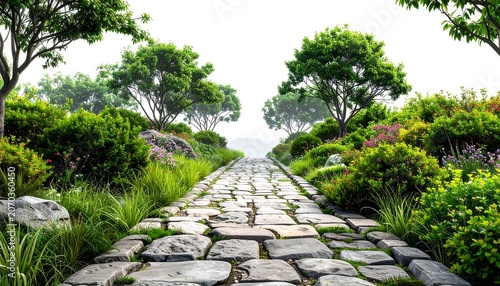A stone path meanders through a vibrant garden, lined with lush greenery, flowering plants, and trees under a cloudy sky. The path leads towards the horizon