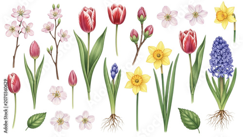 Hand Drawn Watercolor Spring Flowers Collection with Tulips, Daffodils and Hyacinths