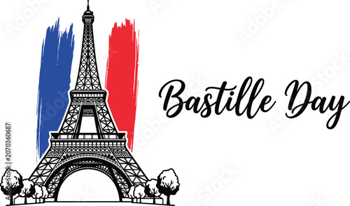 Fotografie Bastille Day Eiffel Tower Hand Drawn French Celebration Vector Illustration Deco