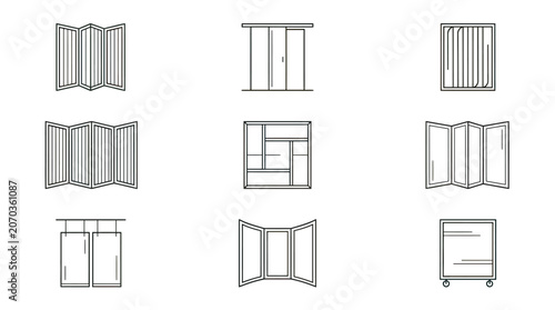 Collection of modern window and door design icons in outline style