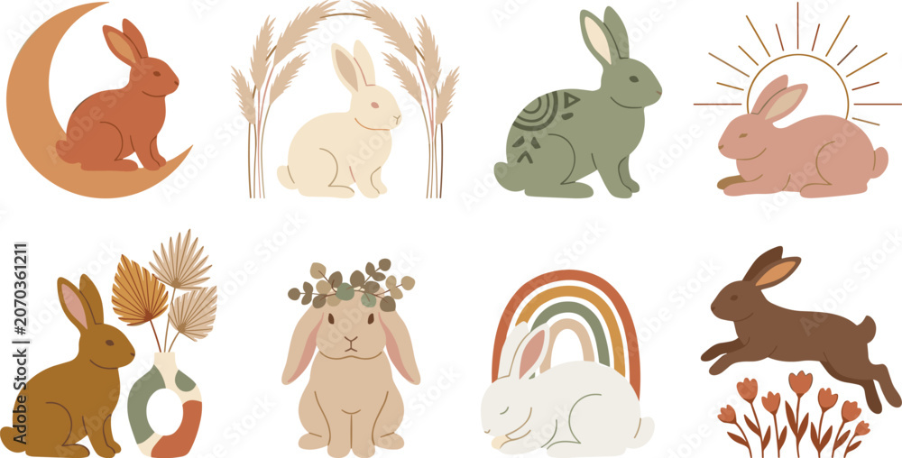 Fototapeta premium Boho Bunny Illustration Collection with Rainbow Moon Floral Elements and Minimal Rabbit Characters for Nursery Easter and Scandinavian Designs