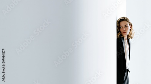 A woman with a cunning expression peeks from a wall corner, creating a distrustful portrait that conveys curiosity, gossip, and emotional tension.