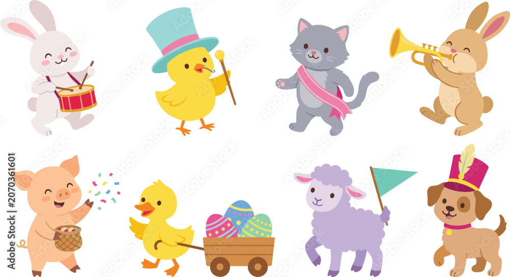 Fototapeta premium Cute Party Animal Character Collection with Bunny Chick Lamb Puppy Pig and Rabbit Musicians for Birthday and Celebration Designs