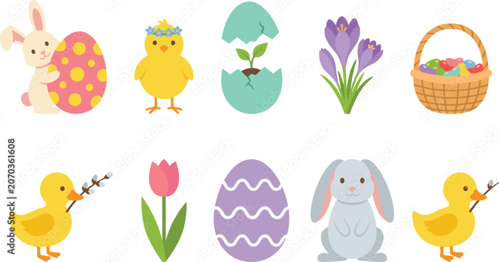 Fototapeta premium Cute Easter Illustration Set with Bunny Chick Decorative Eggs Spring Flowers and Holiday Elements for Seasonal Nursery and Kids Designs