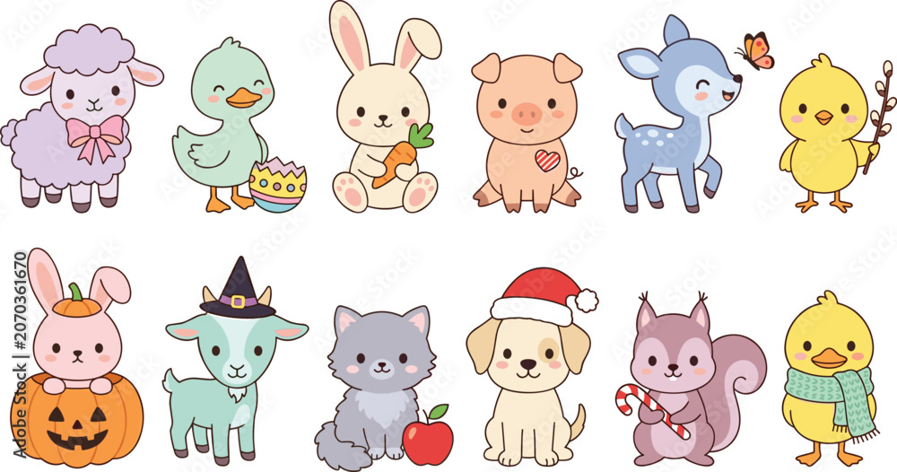 Obraz premium Cute Seasonal Baby Animal Character Collection with Bunny Lamb Duck Deer Puppy and Holiday Illustrations for Nursery Stickers and Kids Designs