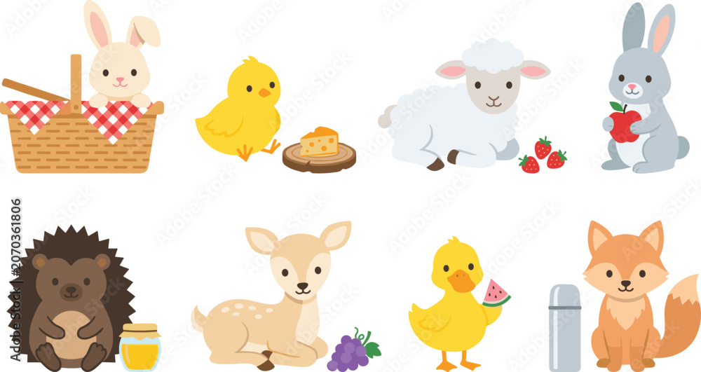 Fototapeta premium Cute Forest Animal and Farm Baby Illustration Set with Rabbit Fox Hedgehog Lamb Chick and Picnic Elements for Nursery Designs
