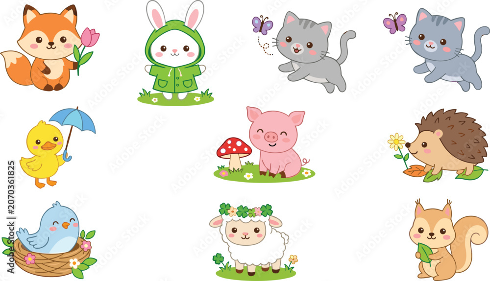 Obraz premium Cute Woodland Animal Character Collection with Fox Rabbit Cat Pig Hedgehog and Bird Illustrations for Kids Stickers and Nursery Designs