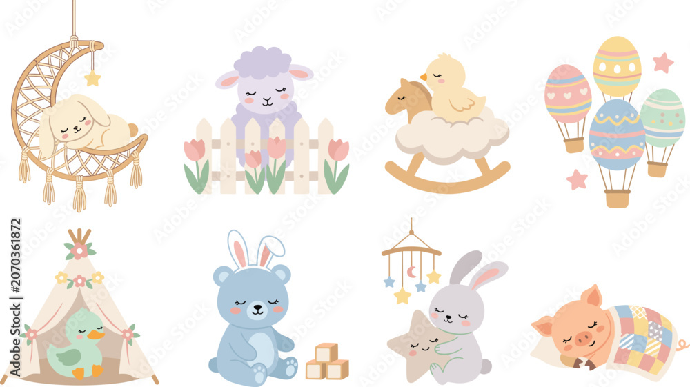 Fototapeta premium Cute Nursery Animal Illustration Set with Sleeping Bunny Lamb Bear Pig and Baby Room Elements for Kids Decoration and Nursery Designs