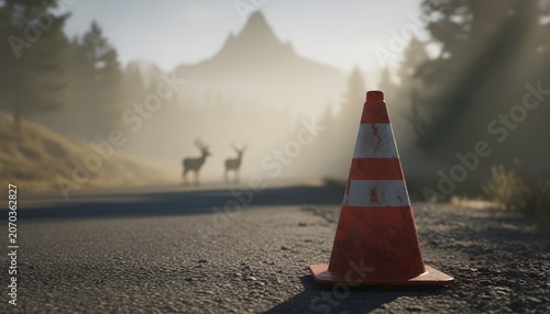 Roadside Deer and Construction Cone in Misty Mountain Landscape