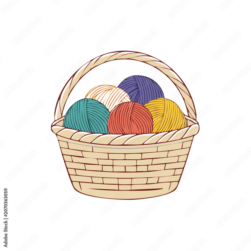 Fototapeta premium Wicker basket with colorful yarn balls vector illustration