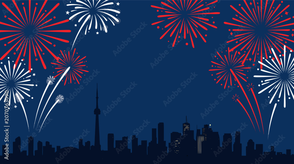 Obraz premium Festive Canada Day July 1st illustration with red and white fireworks over a Canadian pride city skyline featuring empty copy space for celebration