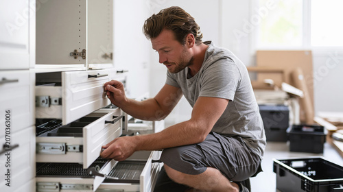 A man installs white kitchen drawers during home renovation, carefully adjusting cabinet hardware in a bright room.