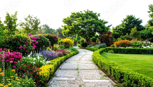 A stone path meanders through a vibrant garden overflowing with colorful flowers and lush greenery, under a bright sky