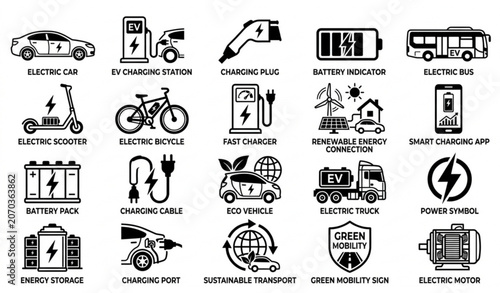 Black and white electric vehicle icon set with EV charging stations batteries and sustainable transportation symbols vector illustration isolated on white background