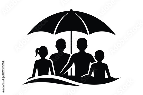 Family Summer Vacation Icon Silhouette Graphic Featuring Four People Standing Together Under A Large Protective Beach Umbrella Shielding Them From The Harsh Sunlight In A Minimalist Black Vector Desig