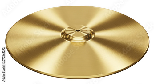 Shiny brass cymbal with spokes reflecting light in a circular pattern transparent background black background
