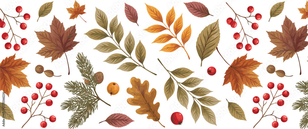 Fototapeta premium Autumn seamless border horizontal pattern with detailed fallen leaves and red winter berries, isolated on white background