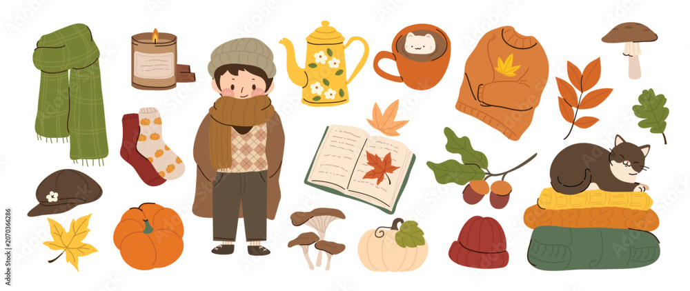Fototapeta premium Autumn clipart vector set. Cozy fall season elements with cute boy, cat, pumpkin, teapot, mushrooms, leaves, sweater, books and warm harvest illustrations