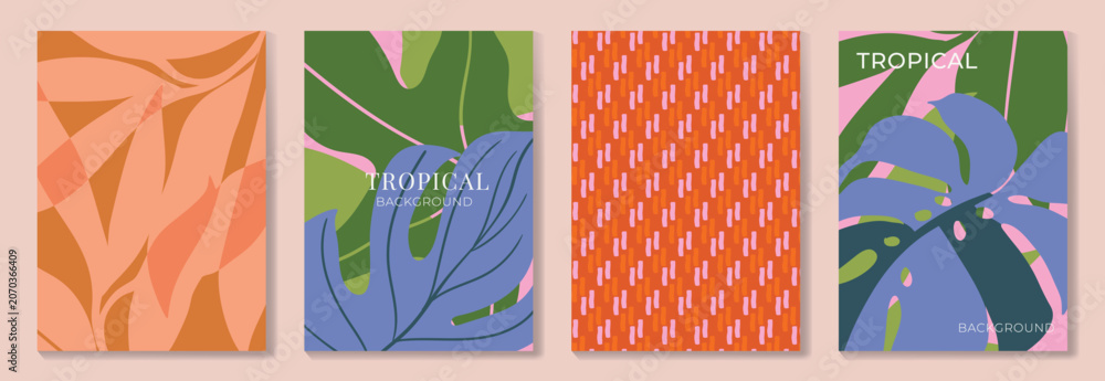 Fototapeta premium Tropical poster background vector set. Botanical wall art templates with abstract leaf shapes, monstera foliage, decorative pattern and modern summer print design.