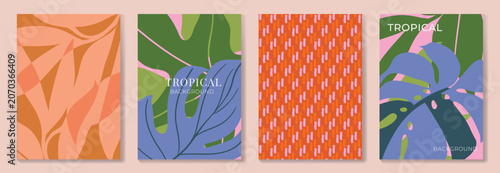 Tropical poster background vector set. Botanical wall art templates with abstract leaf shapes, monstera foliage, decorative pattern and modern summer print design.