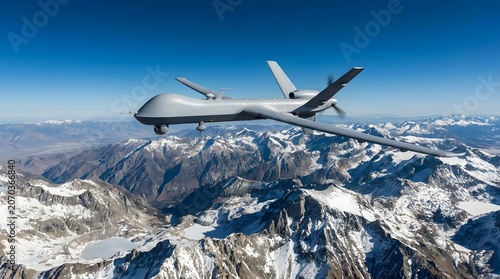 Mq9 reaper unmanned aerial vehicle flying over snowcapped mountains