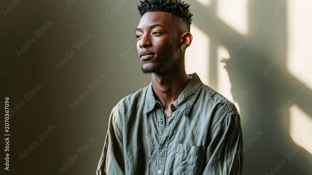 Obraz premium Workplace impostor syndrome young adult African American man fragile