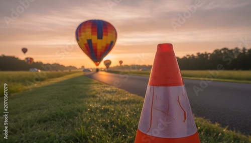 Sunrise hot air balloon festival with traffic cones on grass