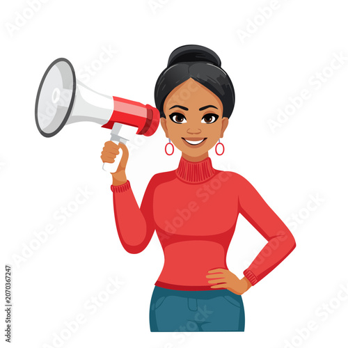 Woman holding megaphone, flat vector illustration