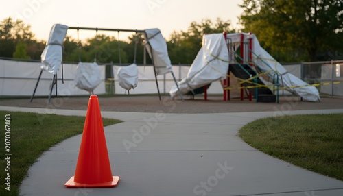 Park playground equipment covered in plastic Renovation and caution tape
