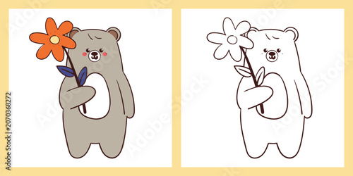 coloring page of cute hand drawn cartoon bear holding orange flower