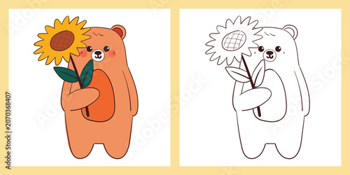 coloring page of cute hand drawn cartoon bear holding sunflower