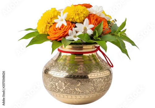 Vibrant floral arrangement in ornate golden vase captivating home decor transparent background