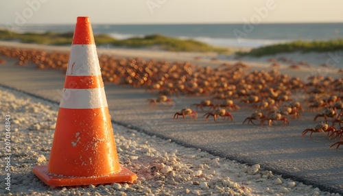 Orange Traffic Cone Stands Guard Amidst a Winding Road Lined with Red Crabs on a Sandy Beach