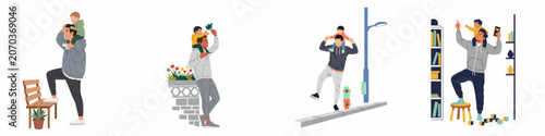 Set of Illustrations Depicting a Father Bonding with His Toddler Son Through Piggyback Rides and Daily Activities in Different Settings