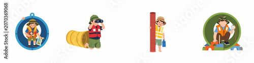 Collection of illustrations featuring a young boy exploring with adventure gear like binoculars, maps, and magnifying glasses in various playful settings.
