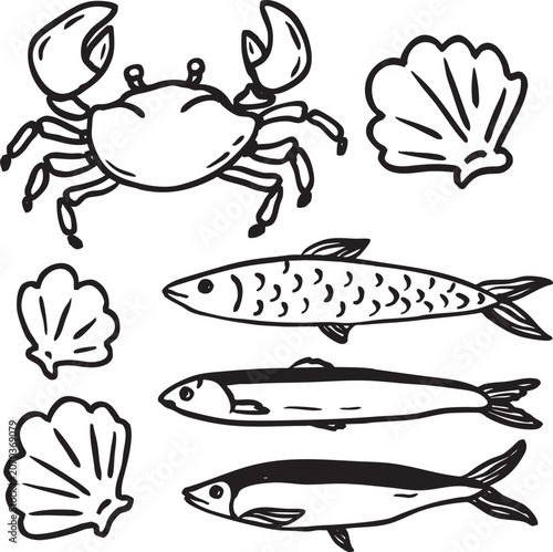 Sea Life Line Art Clipart Set, Fish Crab Shell Outline Collection, Hand Draw Marine Coastal Illustrations
