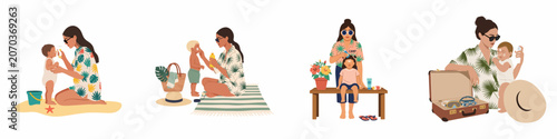 Mothers Applying Sunscreen to Children and Packing for Summer Vacation Flat Vector Illustration Set Isolated on White Background