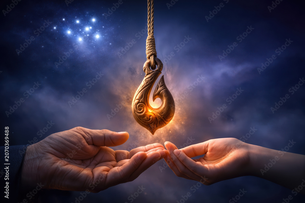 Fototapeta premium Matariki Maori New Year pendant transfer with glowing carved koru matau on flax cord above elder and youth hands symbolizing intergenerational knowledge remembrance Aotearoa