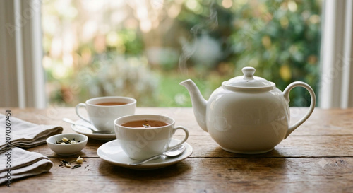 A realistic and atmosphere photo, no people, just clean white cups of tea and white teapot. blurred background